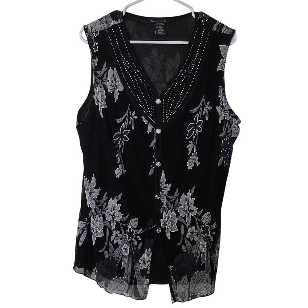 Appointments Black Floral Embellished Button Front Sleeveless Blouse Top Size 1X